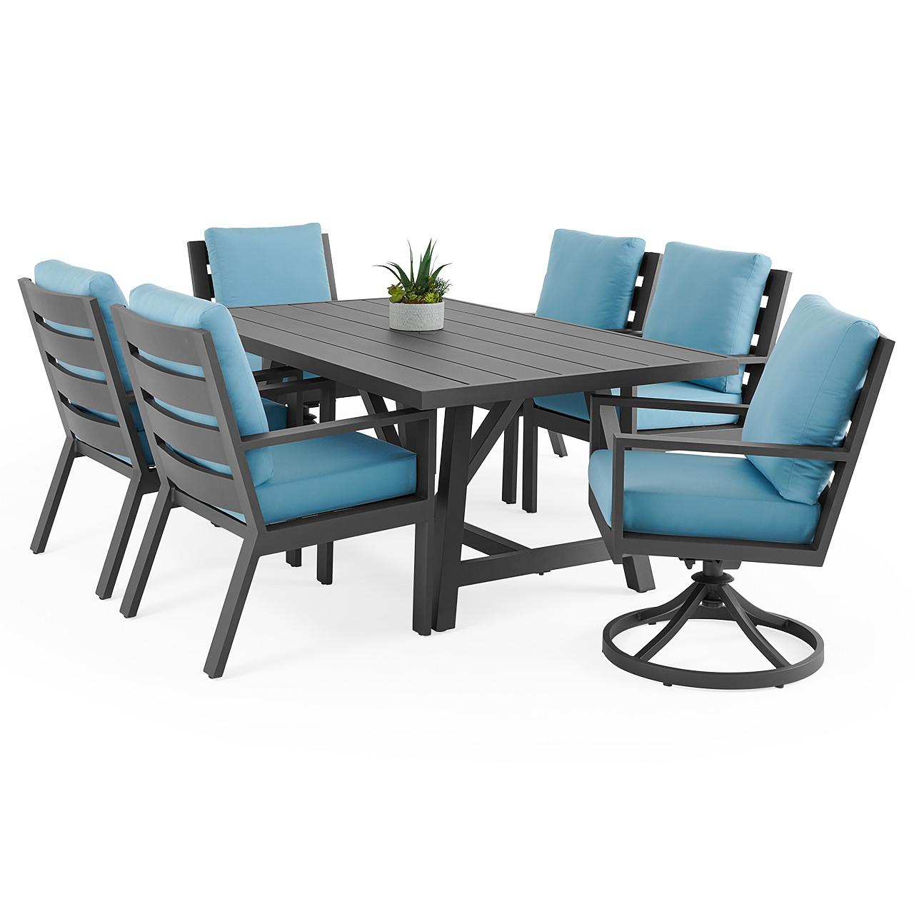 Montecito Charcoal Aluminum with Cushions 7 Piece Combo Dining Set + 70 x 40 in. Table