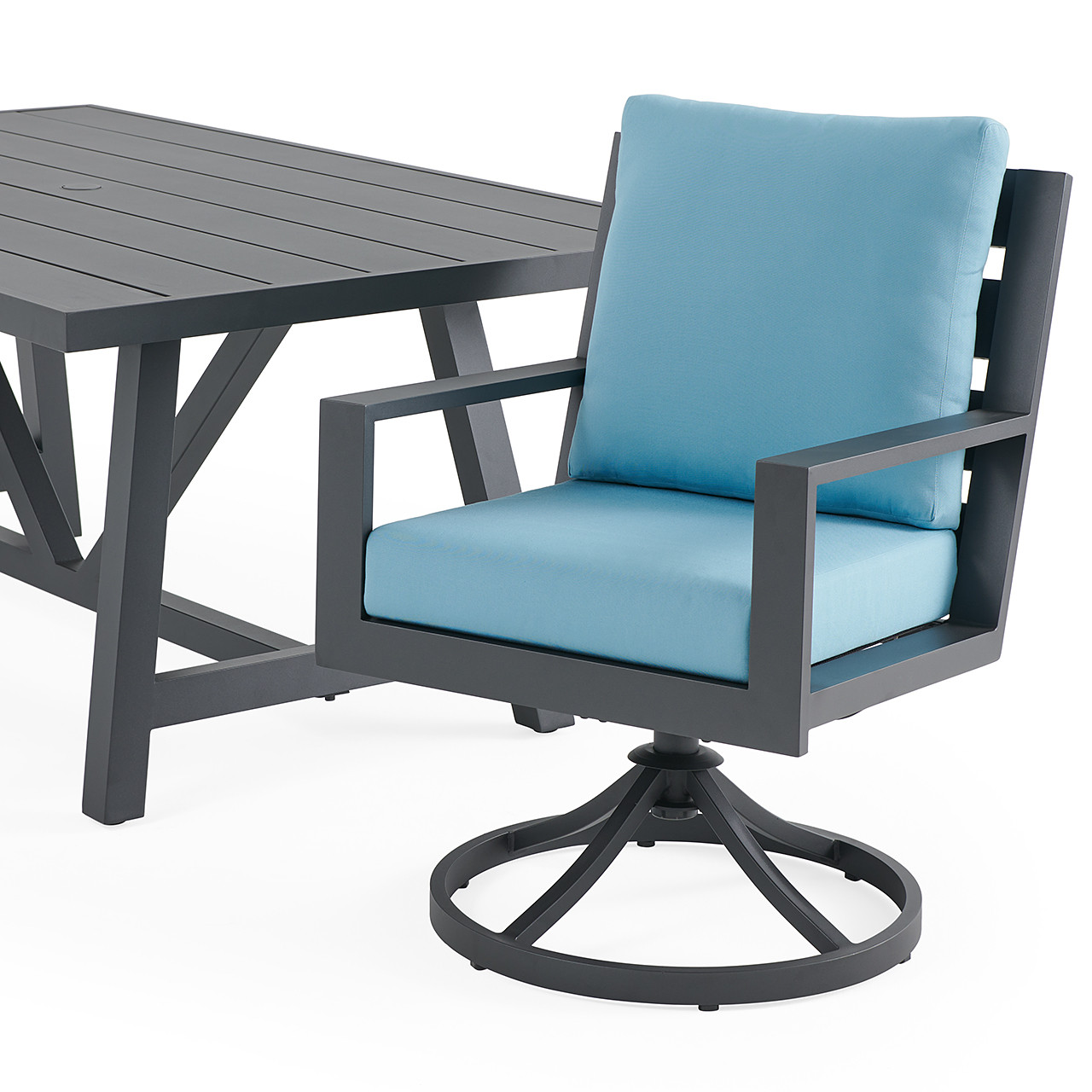 Montecito Charcoal Aluminum with Cushions 7 Piece Combo Dining Set + 70 x 40 in. Table