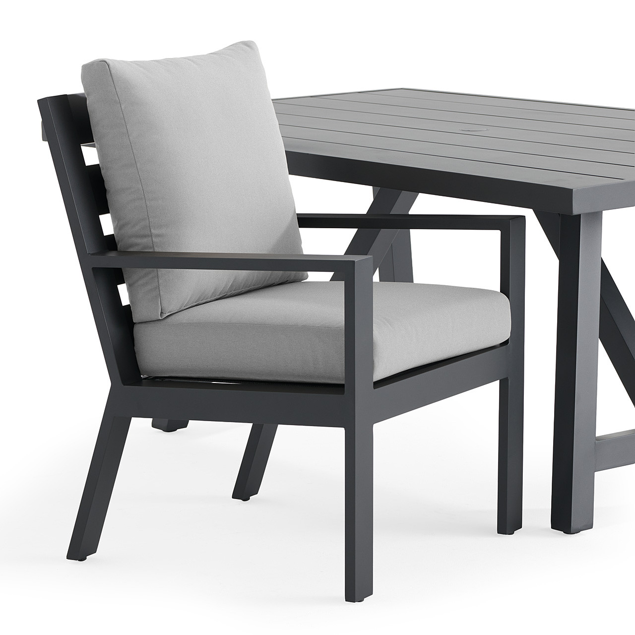 Montecito Charcoal Aluminum with Cushions 7 Piece Combo Dining Set + 70 x 40 in. Table