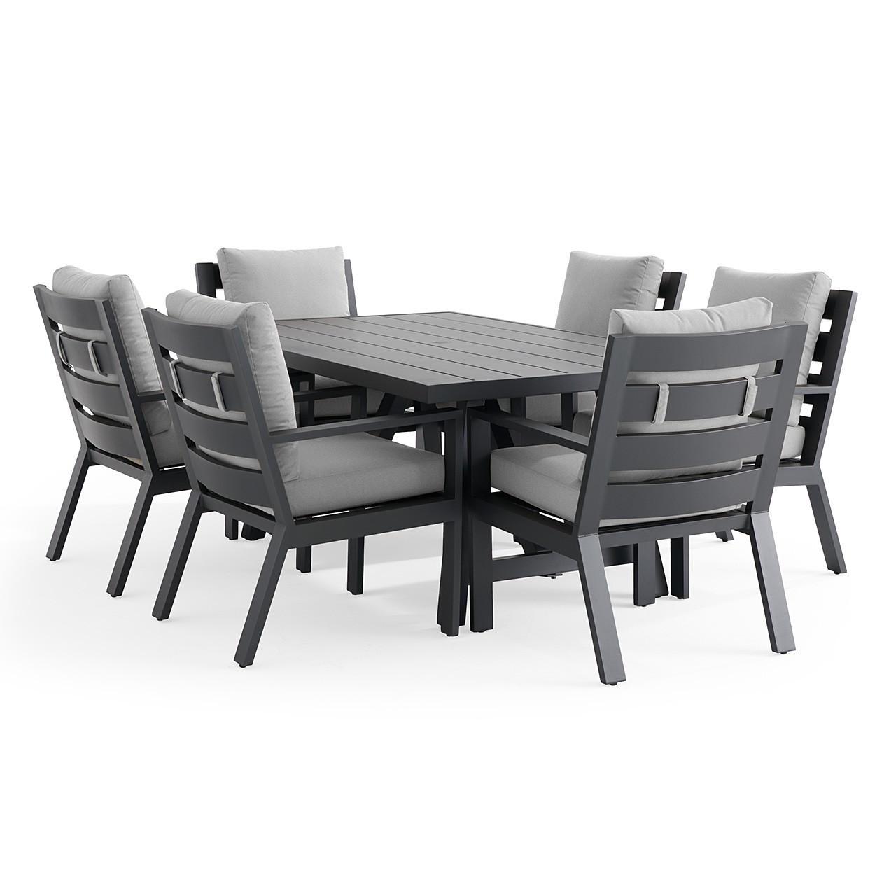 Montecito Charcoal Aluminum with Cushions 7 Piece Combo Dining Set + 70 x 40 in. Table
