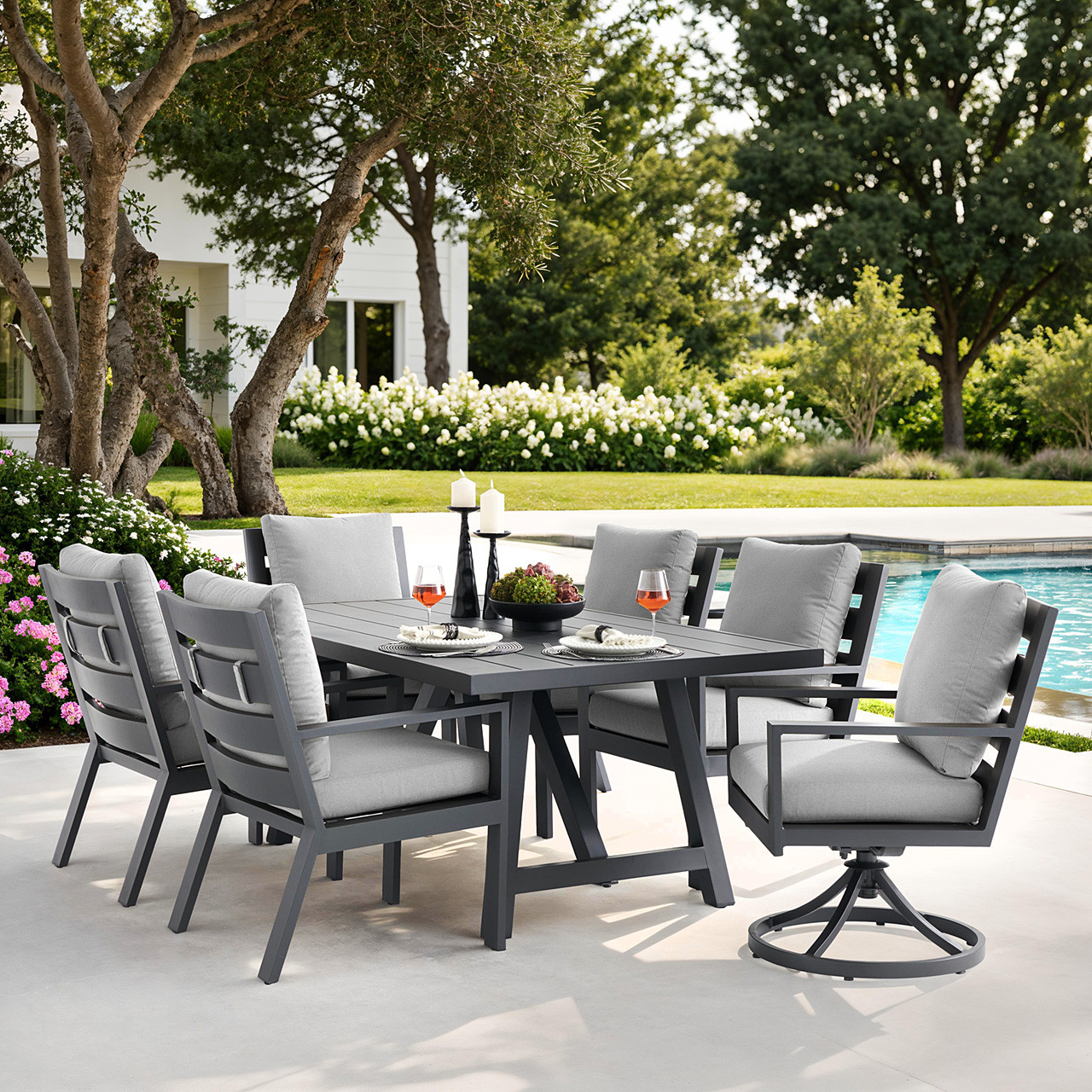 Montecito Charcoal Aluminum with Cushions 7 Piece Combo Dining Set + 70 x 40 in. Table