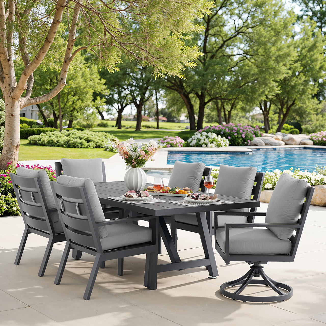 Montecito Charcoal Aluminum with Cushions 7 Piece Combo Dining Set + 84 x 42 in. Table