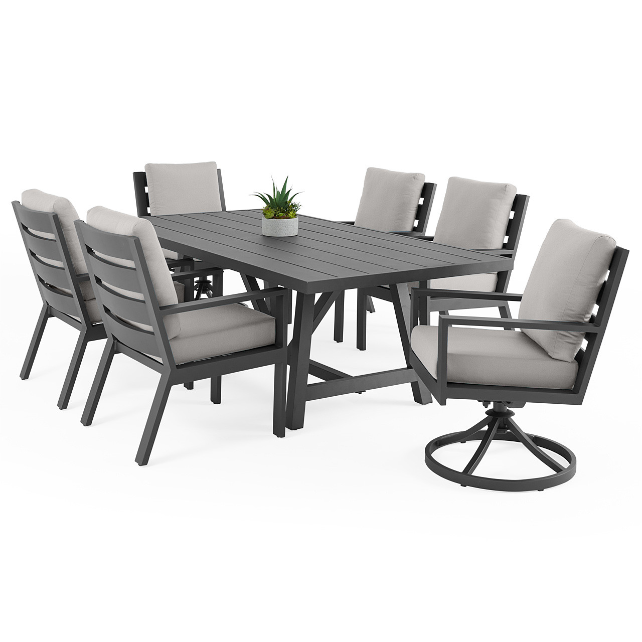 Montecito Charcoal Aluminum with Cushions 7 Piece Combo Dining Set + 84 x 42 in. Table