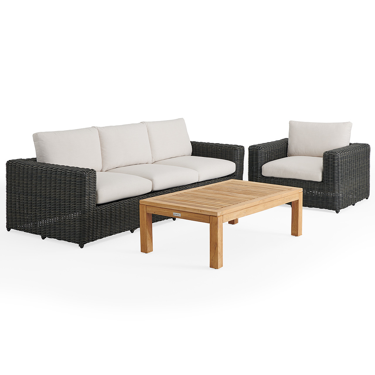 Laguna Smoke Outdoor Wicker and Solid Teak with Cushions 3 Piece Sofa Group + 55 x 32 in. Coffee Table