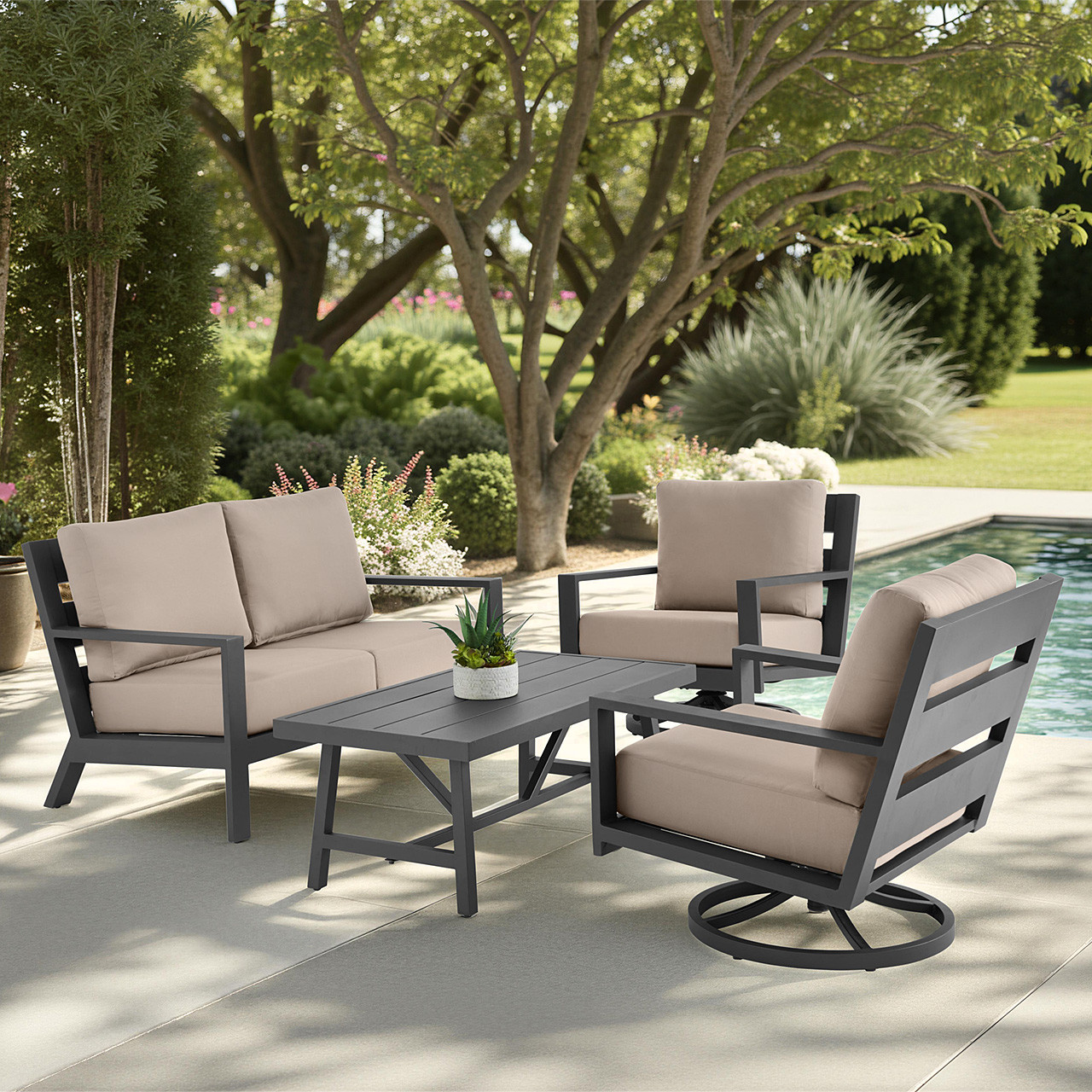 Montecito Charcoal Aluminum with Cushions 4 Piece Swivel Loveseat Group + 48 x 26 in. Coffee Table