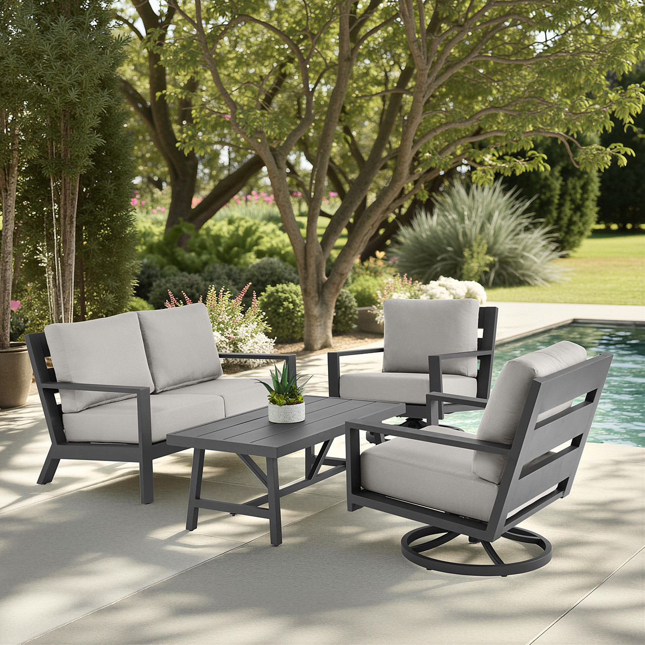 Montecito Charcoal Aluminum with Cushions 4 Piece Swivel Loveseat Group + 48 x 26 in. Coffee Table