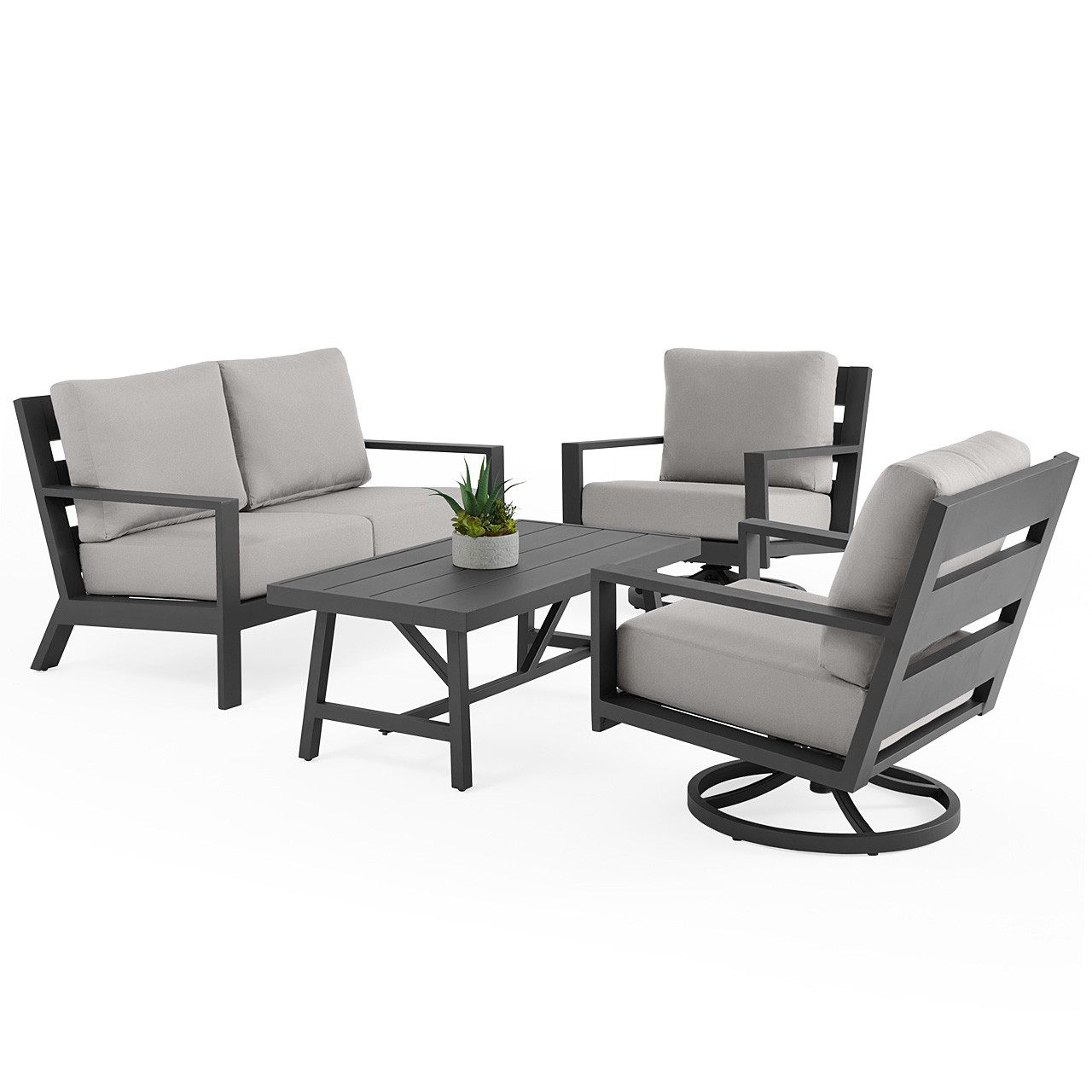Montecito Charcoal Aluminum with Cushions 4 Piece Swivel Loveseat Group + 48 x 26 in. Coffee Table