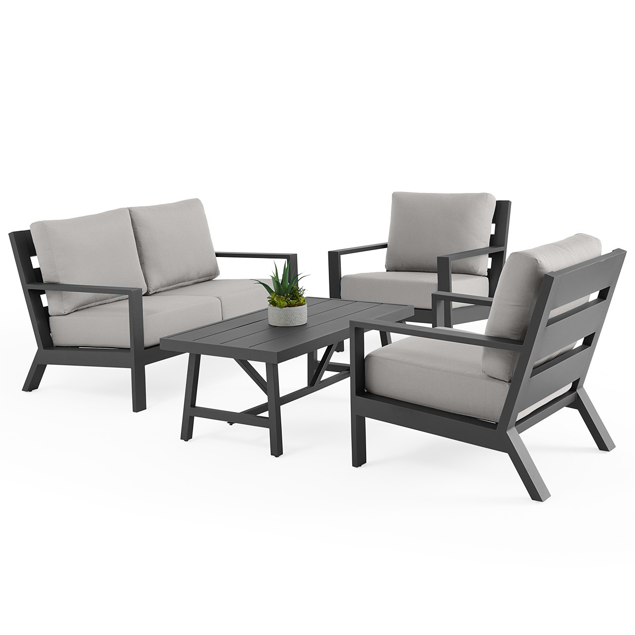 Montecito Charcoal Aluminum with Cushions 4 Piece Loveseat Group + 48 x 26 in. Coffee Table