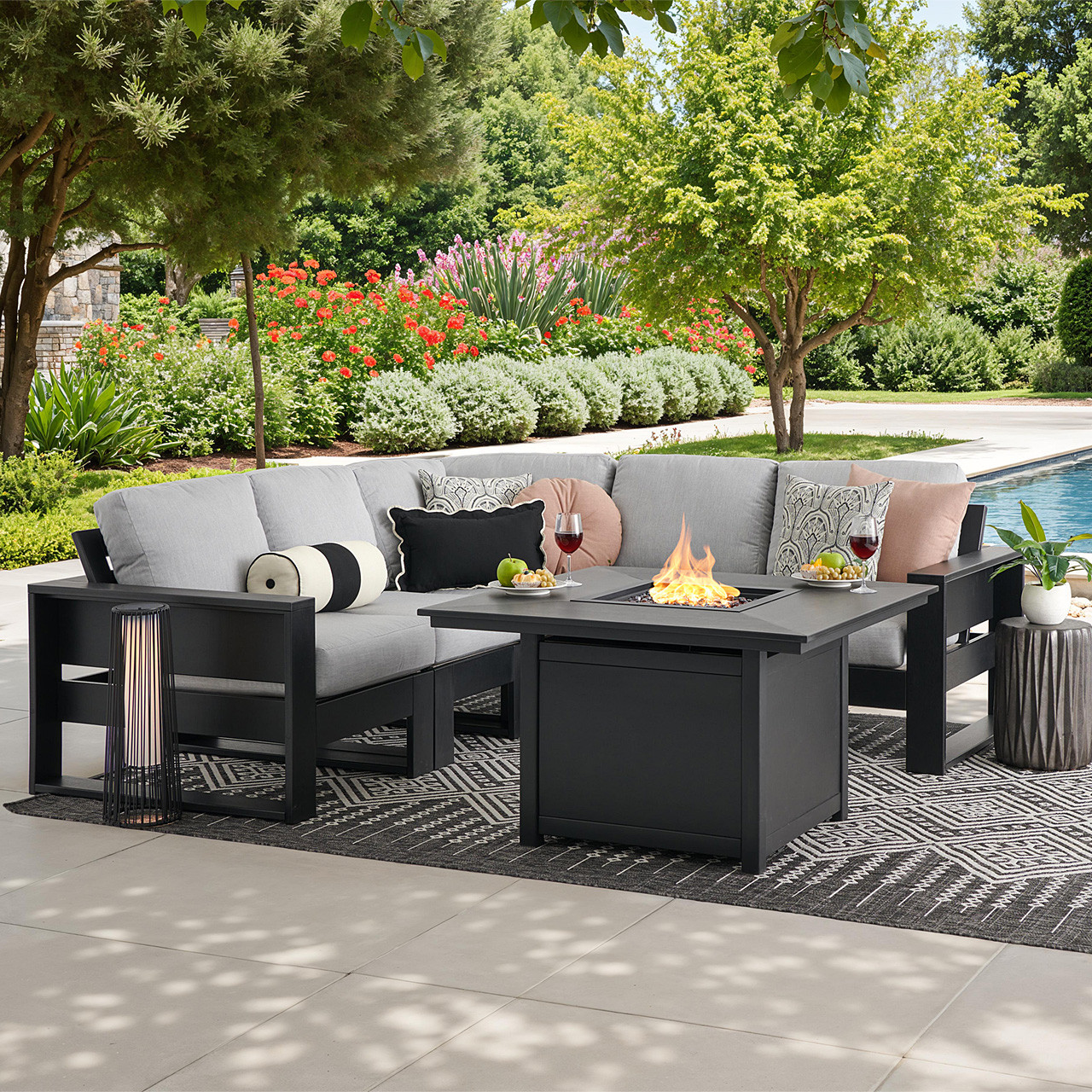 Montauk Polymer with Cushions 6 Piece Modular Sectional + 42 in. Sq. LP Gas Fire Pit