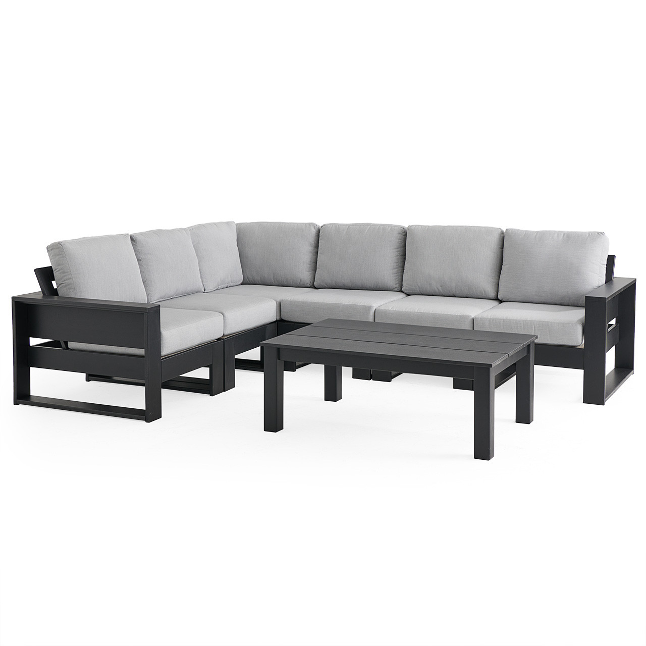 Montauk Polymer with Cushions 7 Piece Modular Sectional + 48 x 32 in. Coffee Table