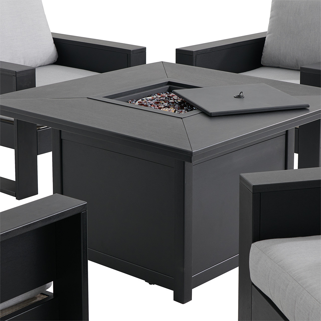 Montauk Polymer with Cushions 5 Piece Chat Set + 42 in. Sq. LP Gas Fire Pit