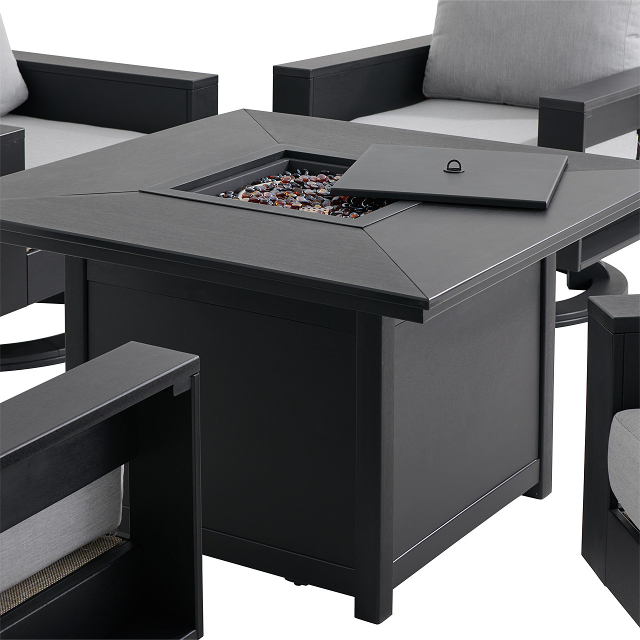 Montauk Polymer with Cushions 5 Piece Swivel Chat Set + 42 in. Sq. LP Gas Fire Pit