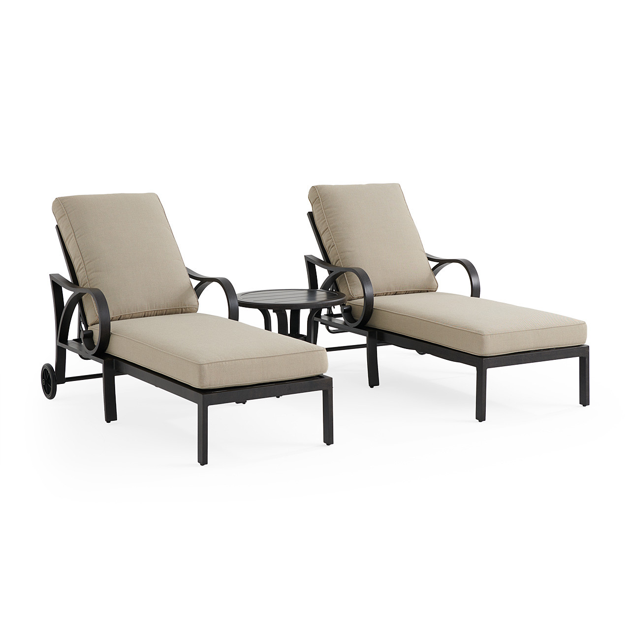 Key West Rustic Bronze Aluminum with Cushions 3 Piece Chaise Lounge Set + 24 in. D End Table