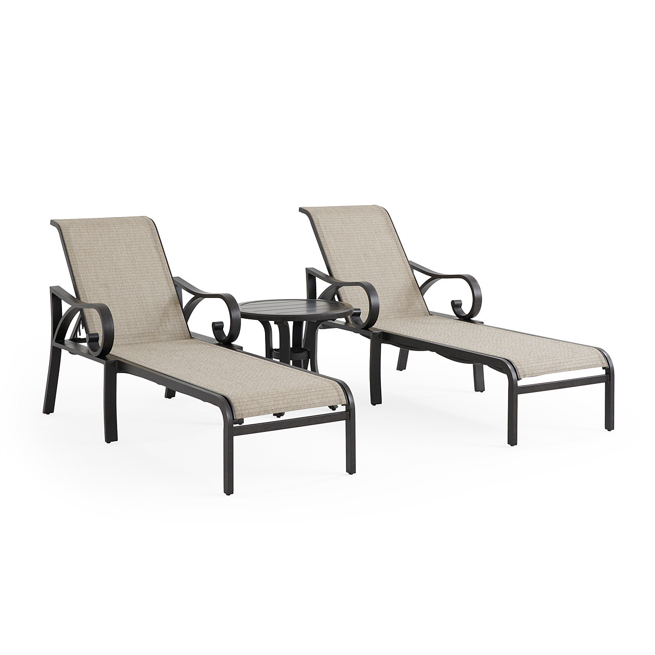 Key West Rustic Bronze Aluminum with Sling 3 Piece Chaise Lounge Set + 24 in. D End Table