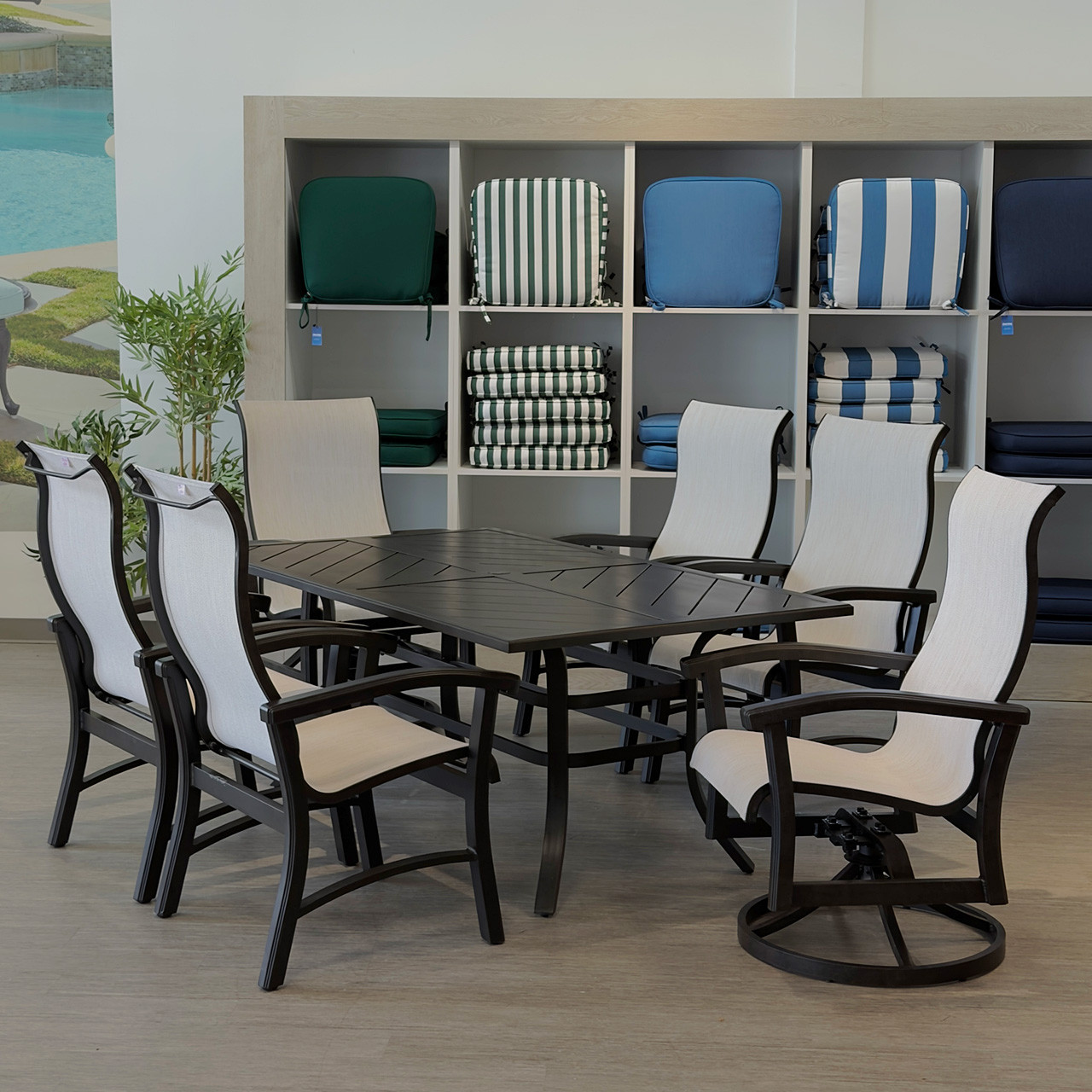 Fairmont Rustic Bronze Aluminum with Site Linen Sling 7 Piece Combo Dining Set + 70 x 42 in. Table