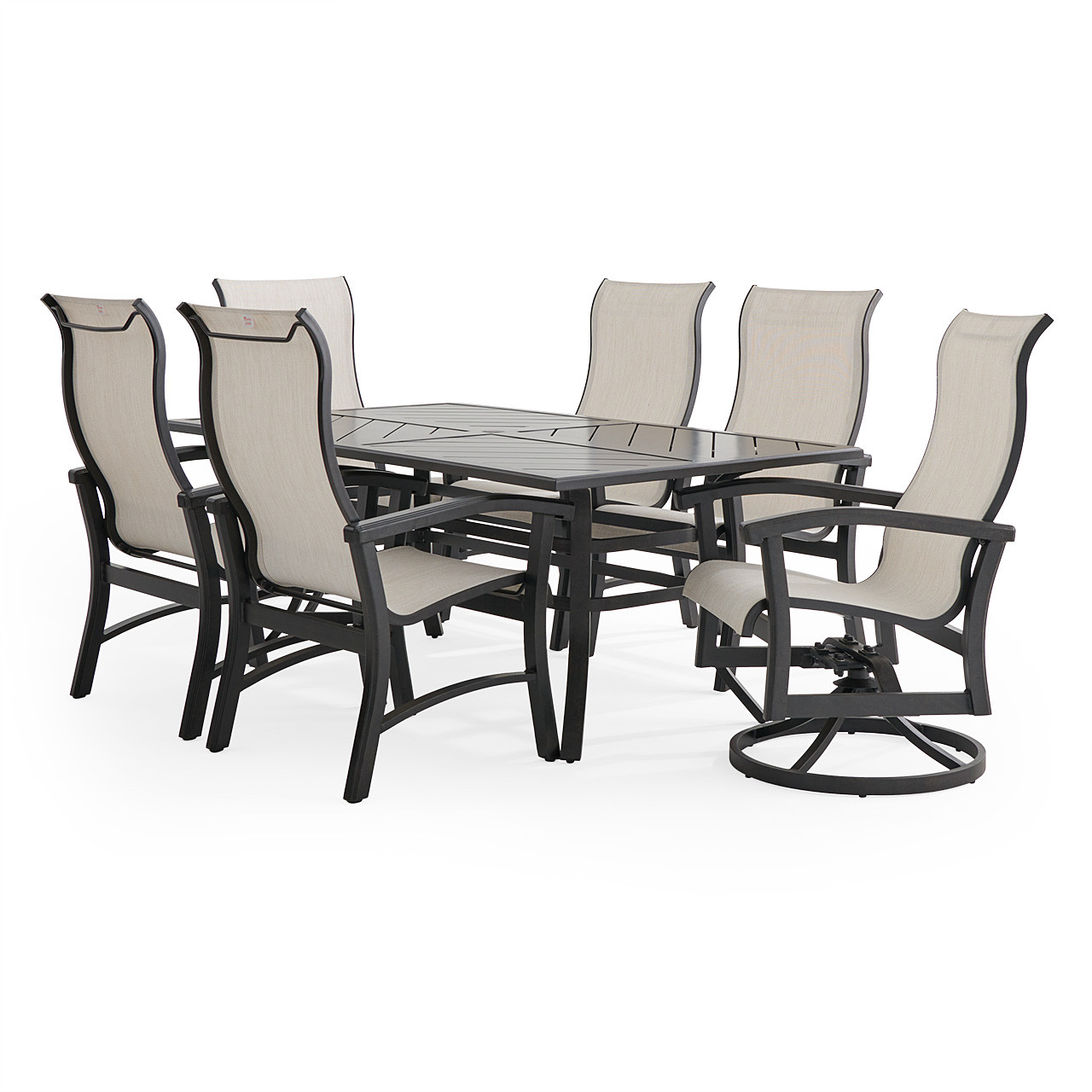 Fairmont Rustic Bronze Aluminum with Site Linen Sling 7 Piece Combo Dining Set + 70 x 40 in. Table
