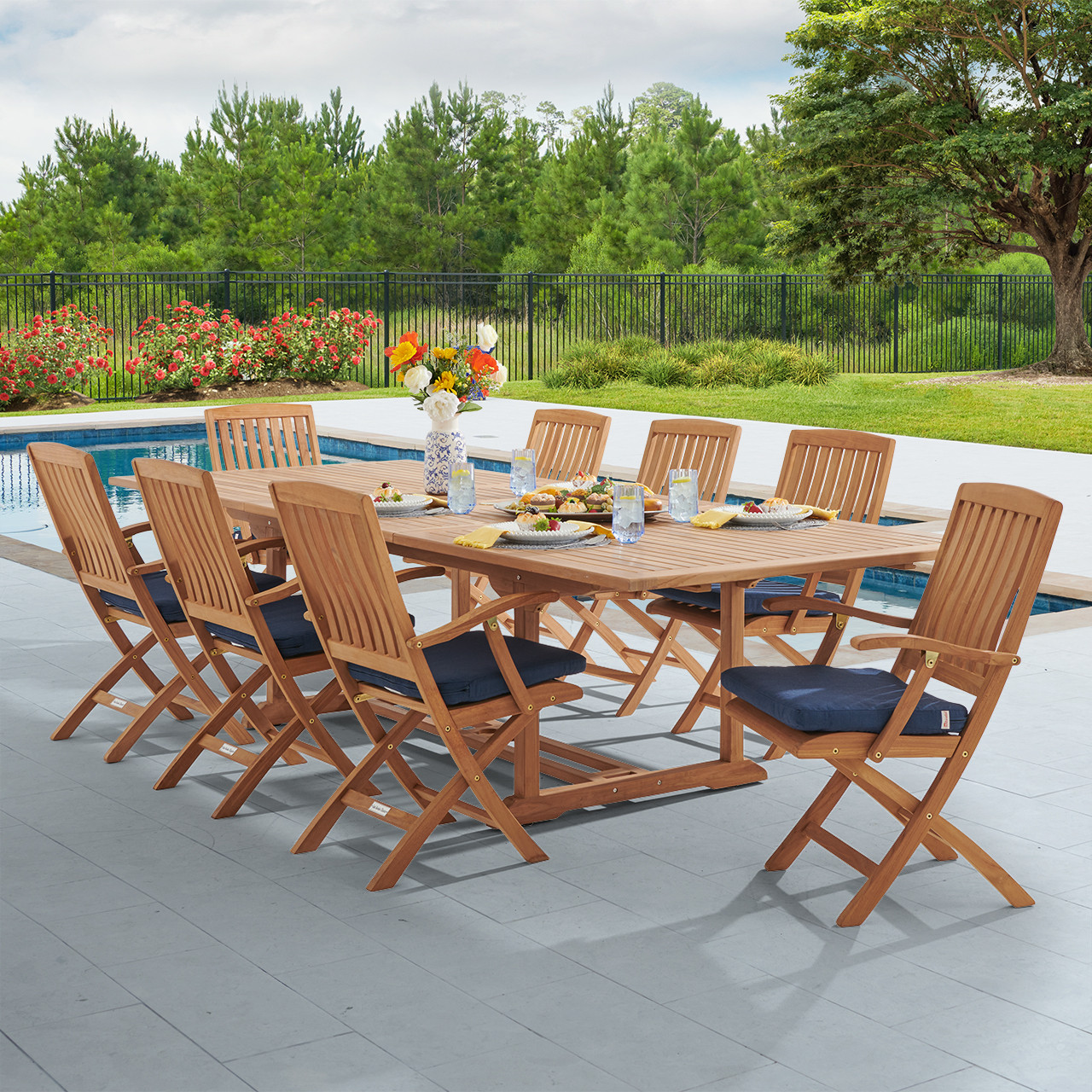 スペイン家具　Spain　TRASTOLOGIA　Mesa Denia　送料無料 Westport Teak with Cushions 9 Piece Arm Dining Set + Bristol 87