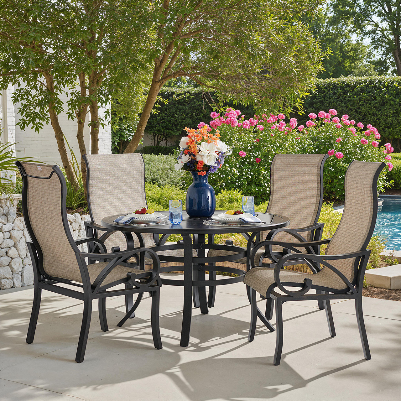 Key West Rustic Bronze Aluminum with Sling 5 Piece Dining Set + 48 in. D Table