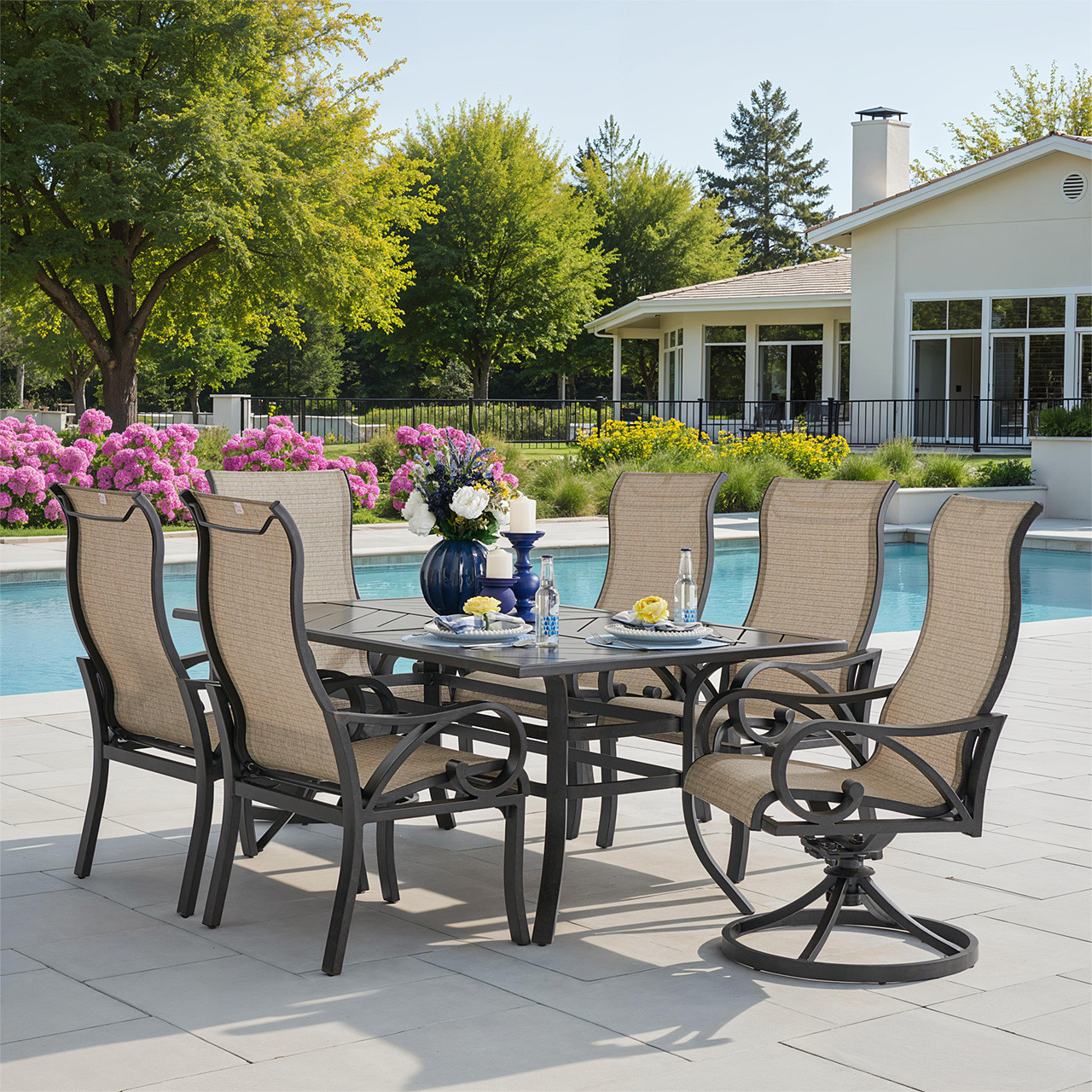 Key West Rustic Bronze Aluminum with Sling 7 Piece Combo Dining Set + 70 x 40 in. Table