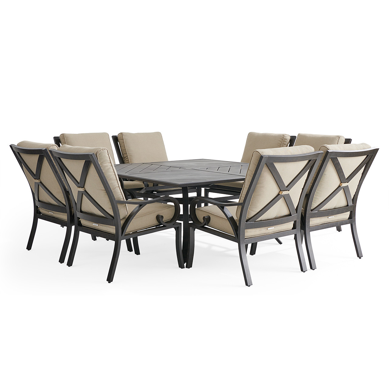 Key West Rustic Bronze Aluminum with Cushions 9 Piece Dining Set + 66 in. Sq. Table