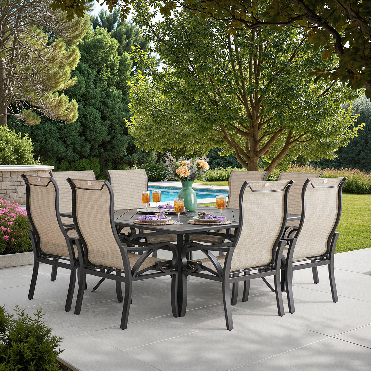 Key West Rustic Bronze Aluminum with Sling 9 Piece Dining Set + 66 in. Sq. Table