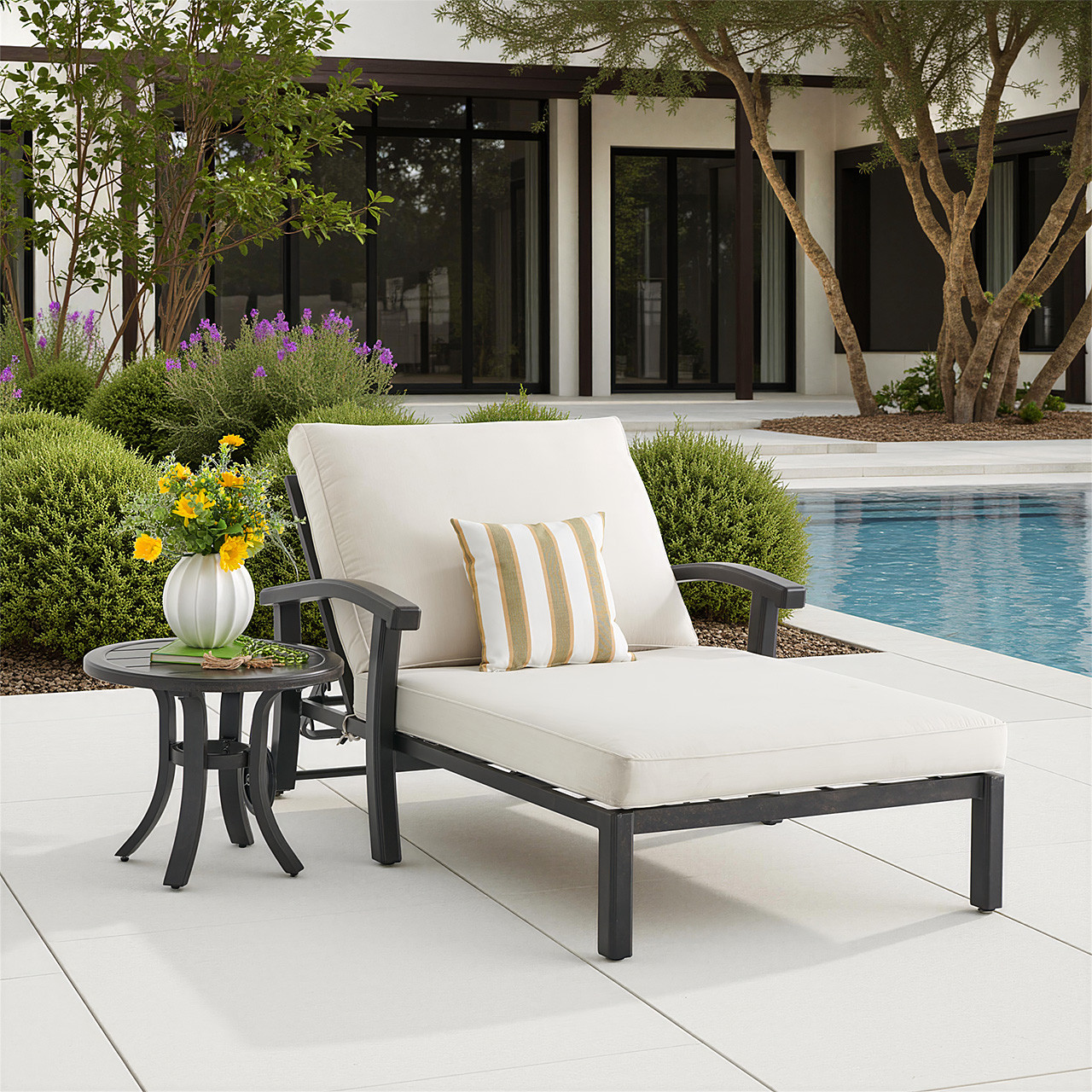 Fairmont Rustic Bronze Aluminum with Cushions 2 Piece Double Chaise Lounge Set + 24 in. D End Table