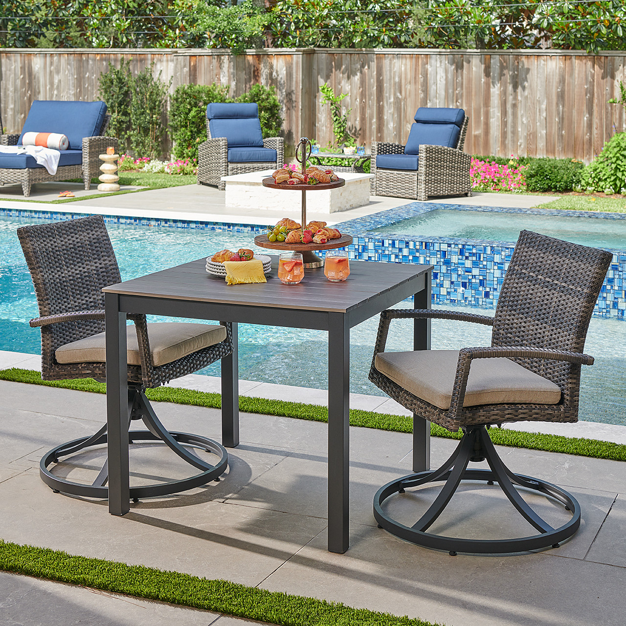 Sonoma Outdoor Wicker with Cushions 3 Piece Swivel Bistro Set + 33 in. Sq. Table