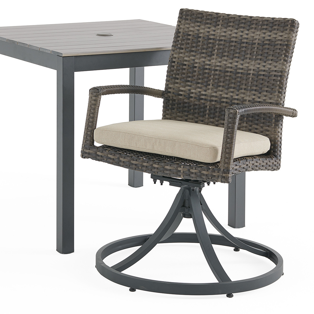 Sonoma Outdoor Wicker with Cushions 3 Piece Swivel Bistro Set + 33 in. Sq. Table