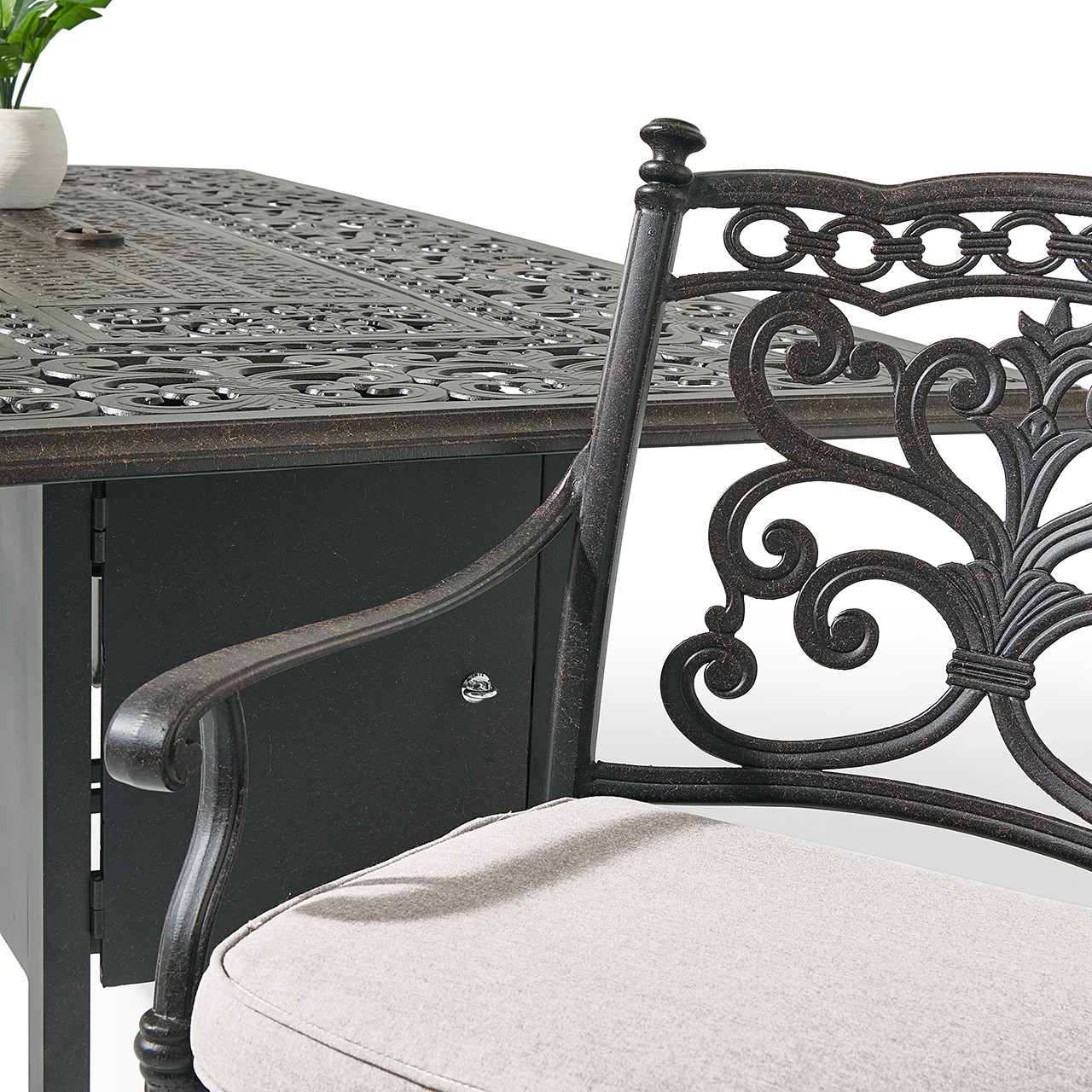 Milan Aged Bronze Cast Aluminum with Cushions 7 Piece Swivel Rocker Dining Set + 84 x 44 in. Fire Pit Table