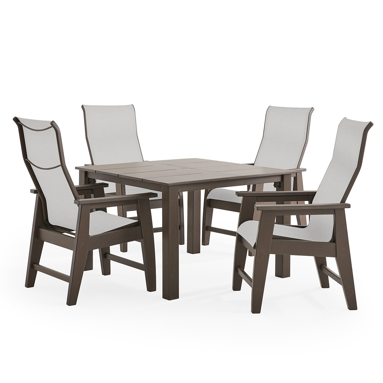 Savannah Mocha Polymer with Augustine Oyster Sling 5 Piece Dining Set + 44 in. Sq. Table