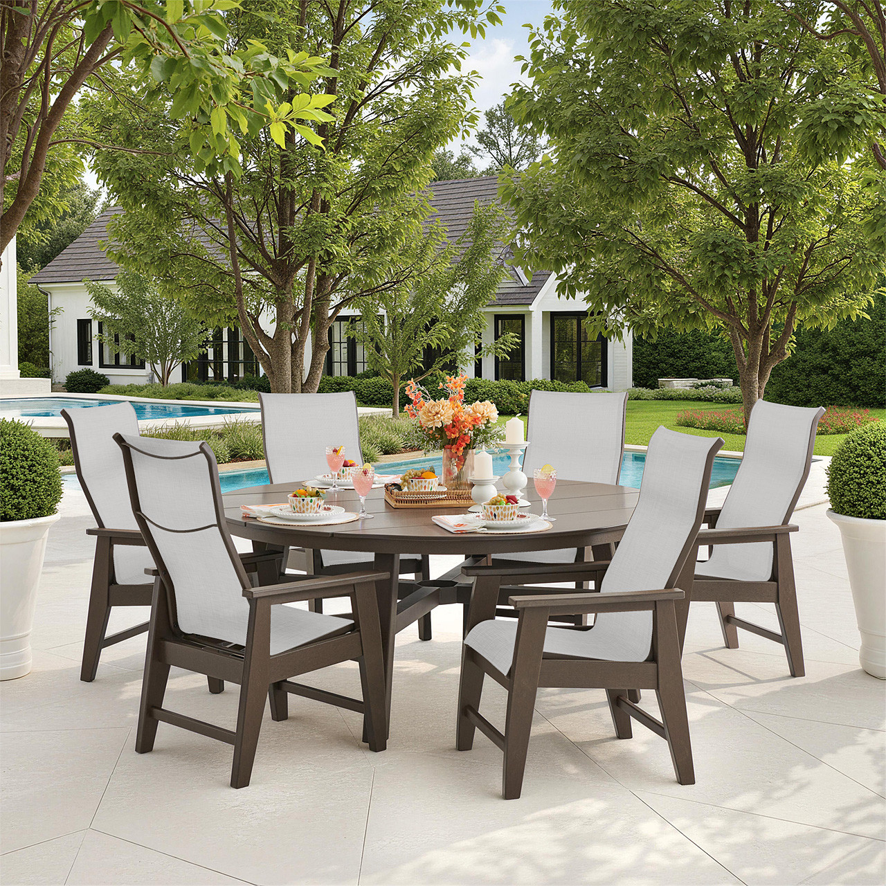 Savannah Mocha Polymer with Augustine Oyster Sling 7 Piece Dining