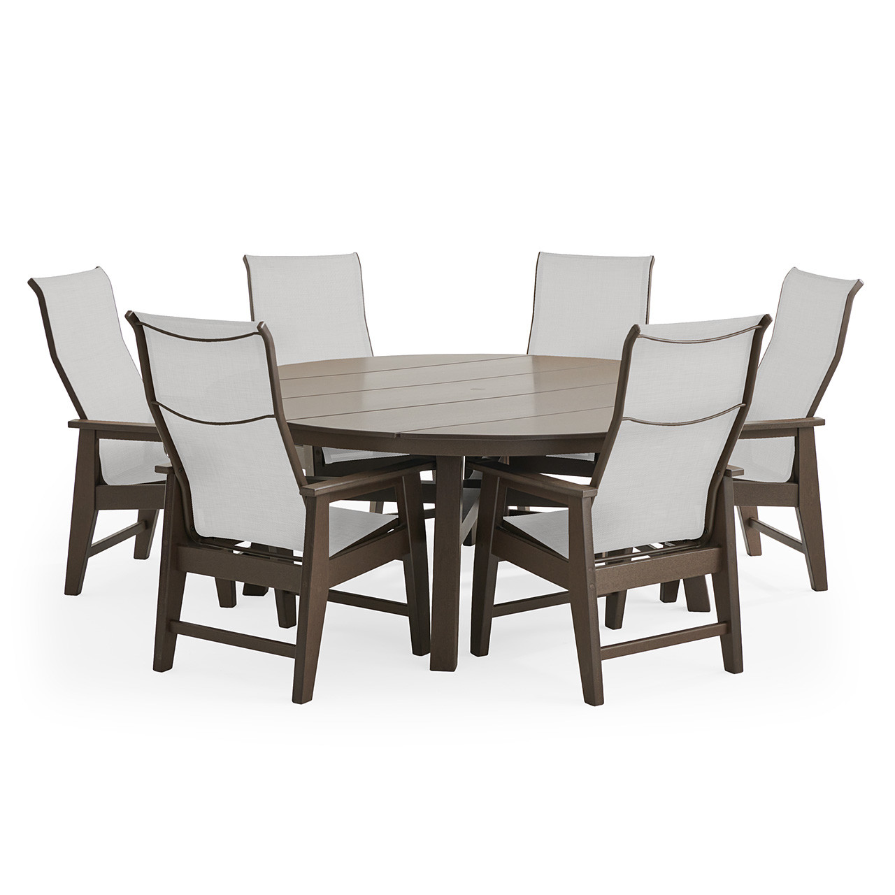 Savannah Mocha Polymer with Augustine Oyster Sling 7 Piece Dining Set + 74 in. D Table