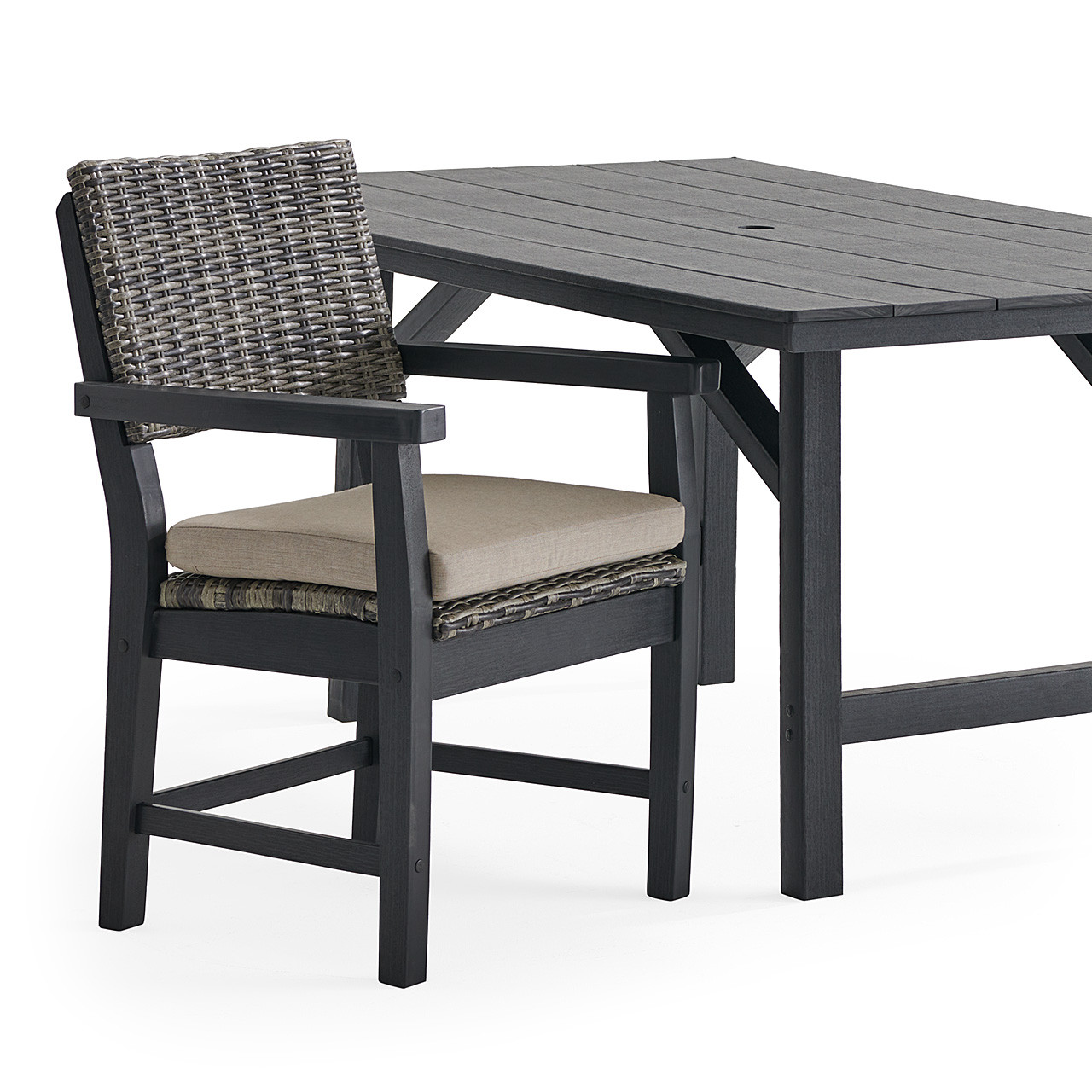 Nantucket Black Polymer and Wicker with Cushions 7 Piece Dining Set + 72 x 40 in. Dining Table