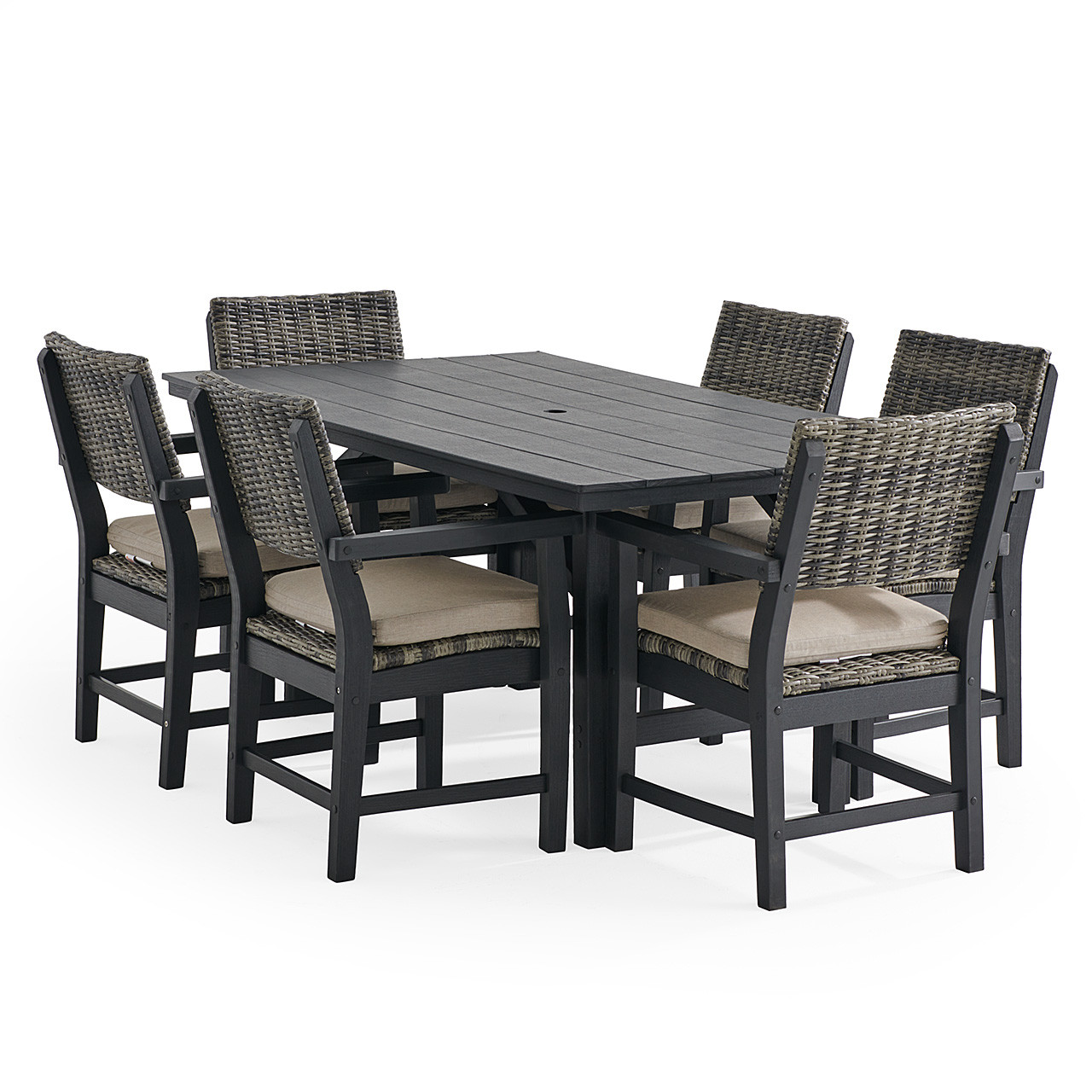 Nantucket Black Polymer and Wicker with Cushions 7 Piece Dining