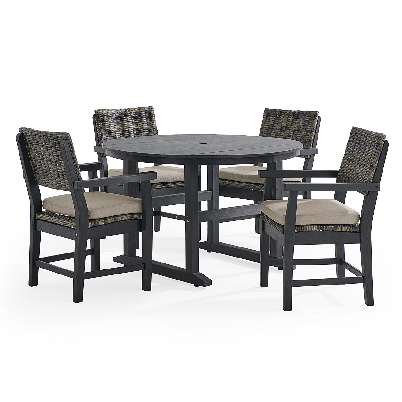 Nantucket Black Polymer and Wicker with Cushions 5 Piece Dining Set + 48 in. D Dining Table