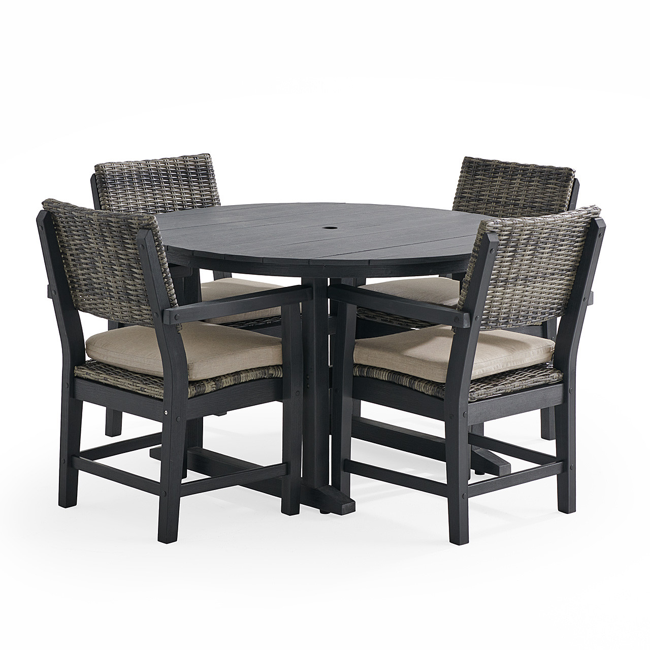 Nantucket Black Polymer and Wicker with Cushions 5 Piece Dining Set + 48 in. D Dining Table