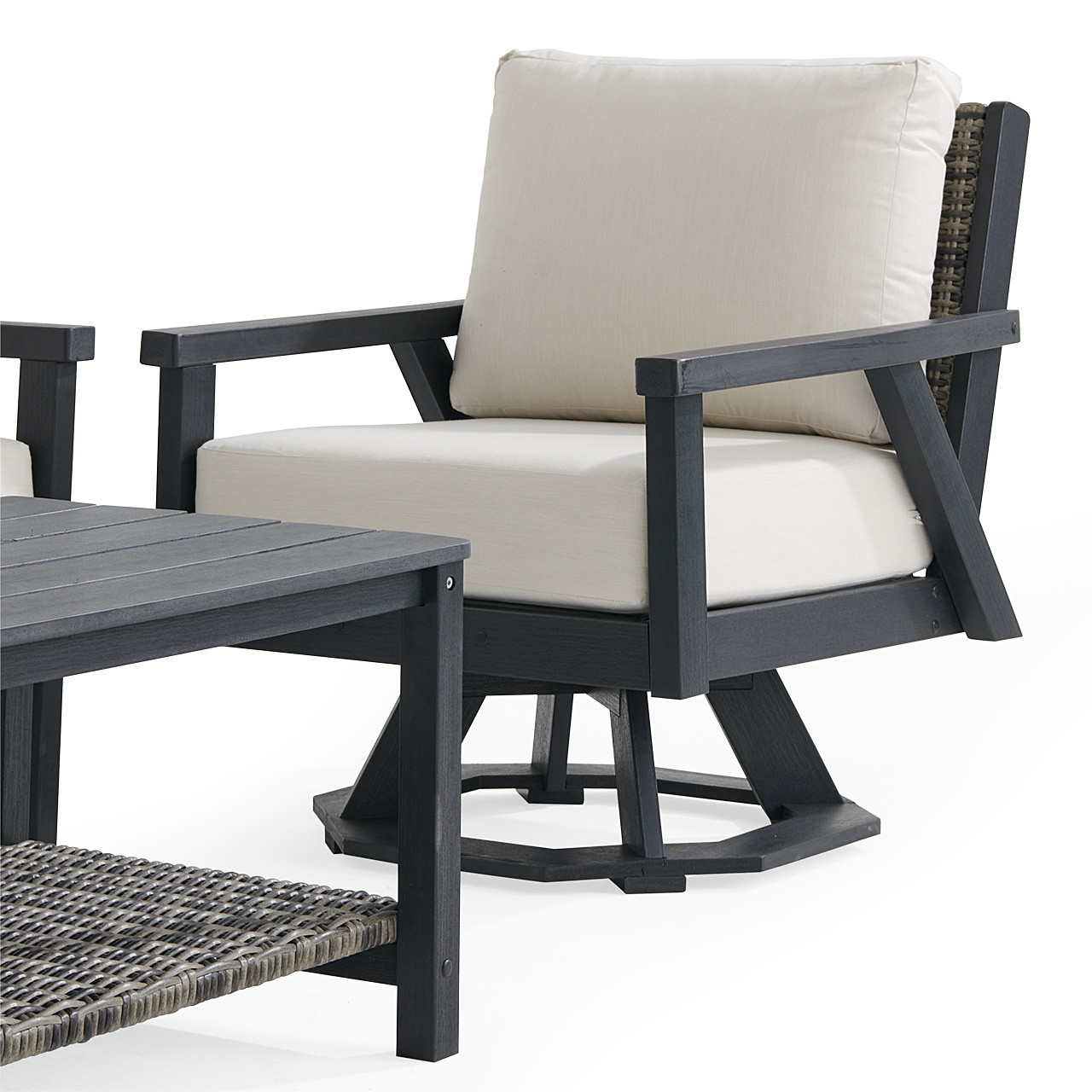 Nantucket Black Polymer and Wicker with Cushions 3 Piece Swivel Sofa Group + 42 x 24 in. Coffee Table