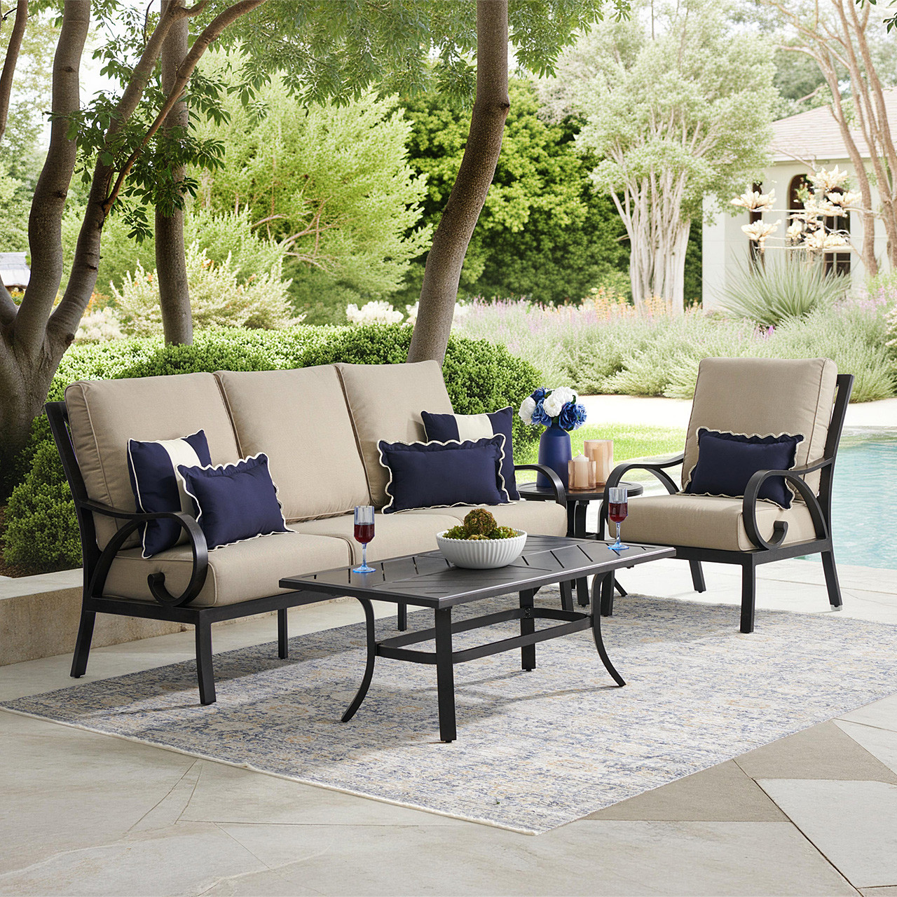 Key West Rustic Bronze Aluminum with Cushions 3 Piece Sofa Group + 48 x 26 in. Coffee Table