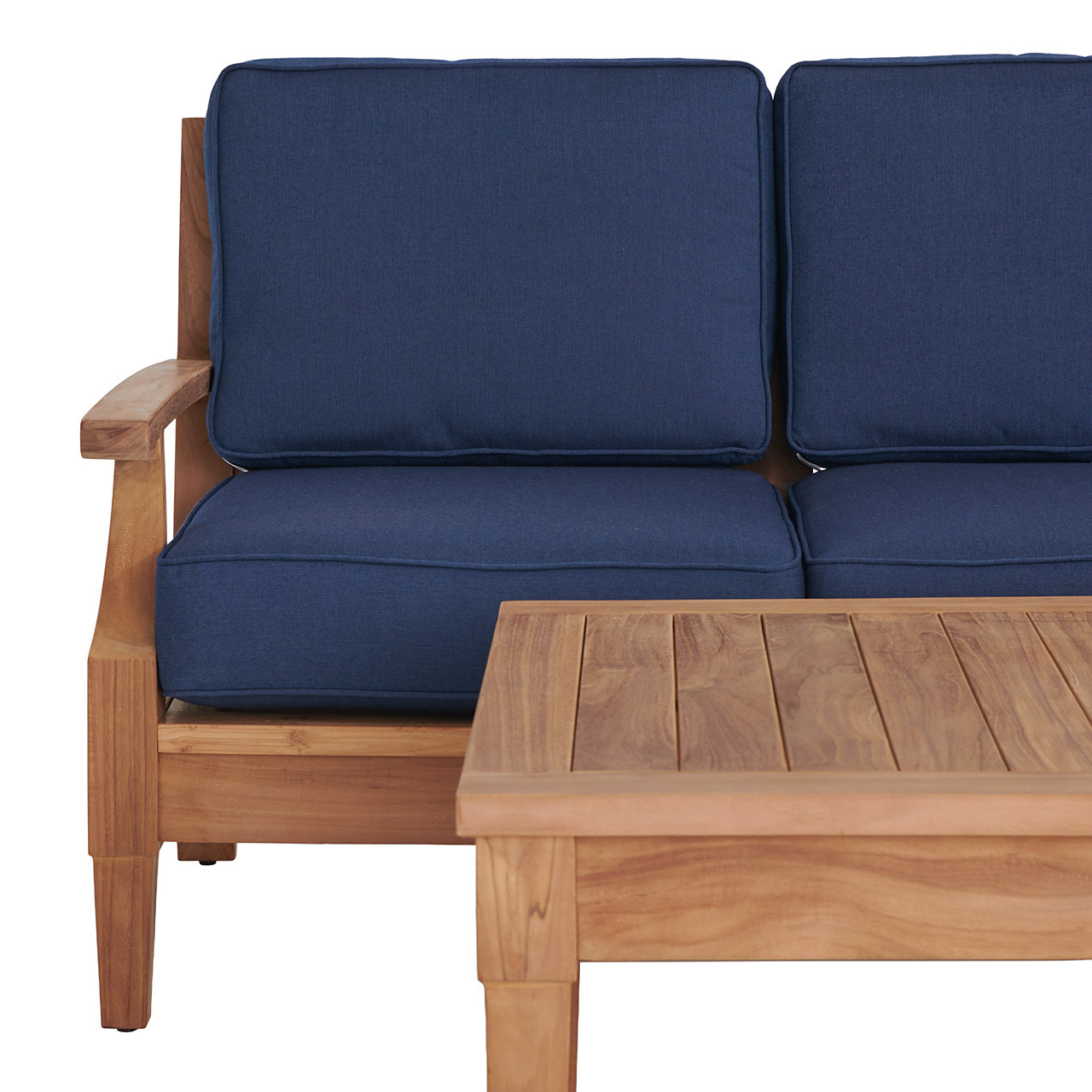 Grand Banks Teak with Cushions 3 Piece Swivel Sofa Group + 47 x 31 in. Coffee Table