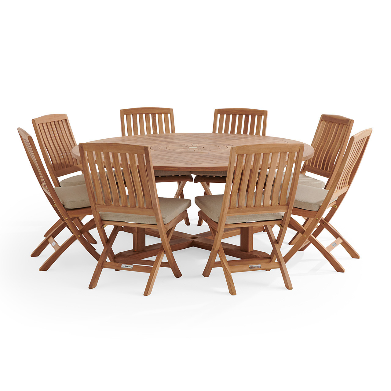 Westport Teak with Cushions 9 Piece Armless Dining Set + Bristol 70 in. D Table