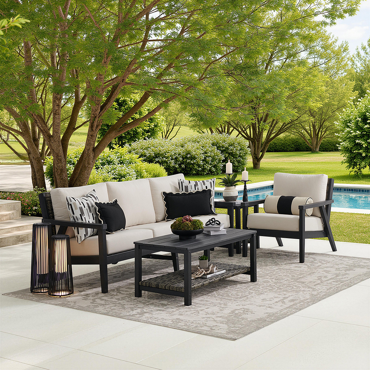 Nantucket Black Polymer and Wicker with Cushions 3 Piece Sofa