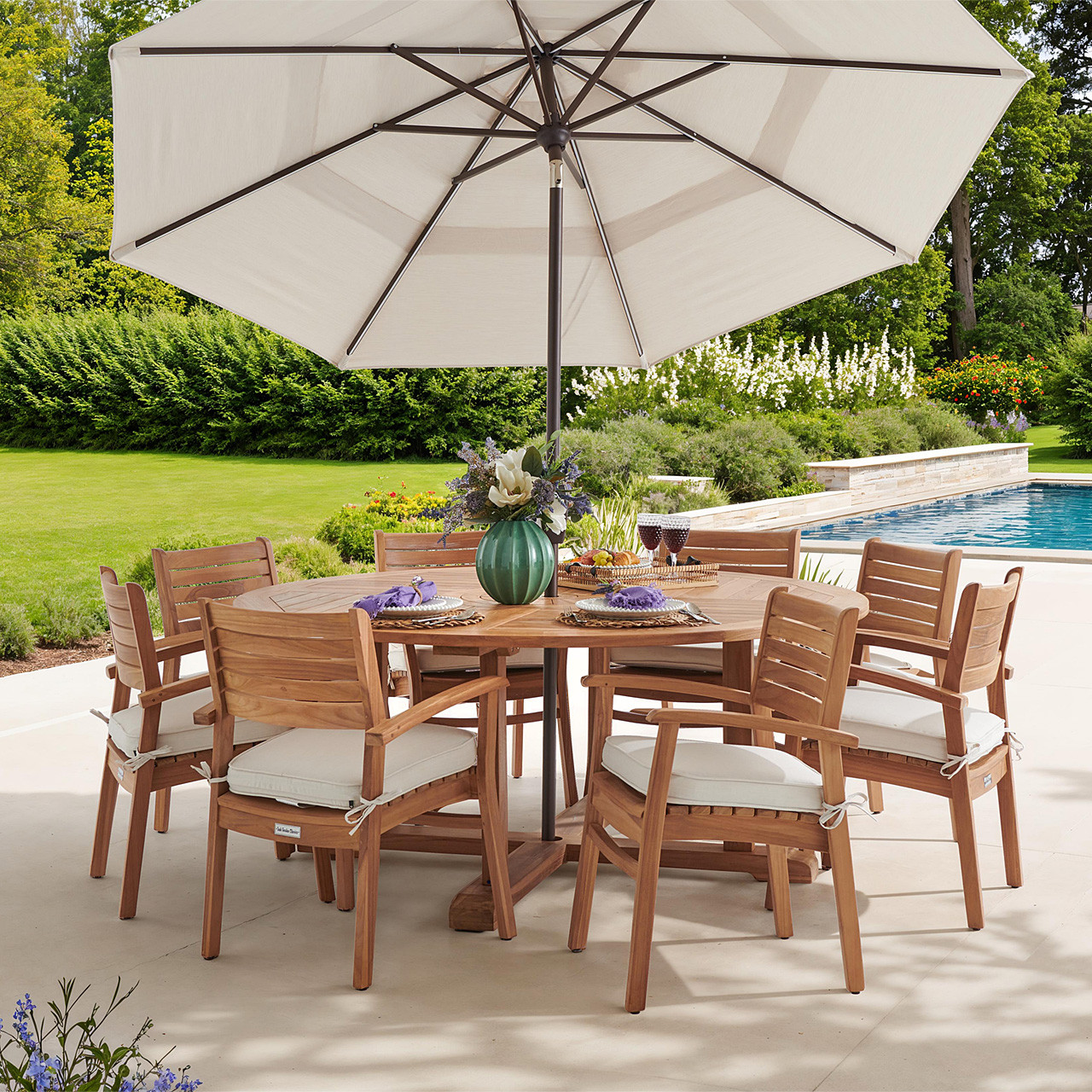 Warwick Teak with Cushions 9 Piece Dining Set + Bristol 70 in. D Table