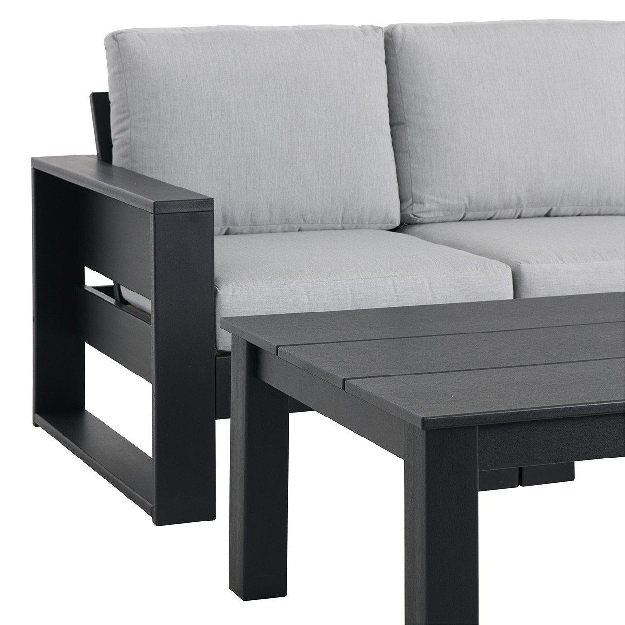 Montauk Polymer with Cushions 5 Piece Modular Loveseat Group + 48 x 32 in. Coffee Table