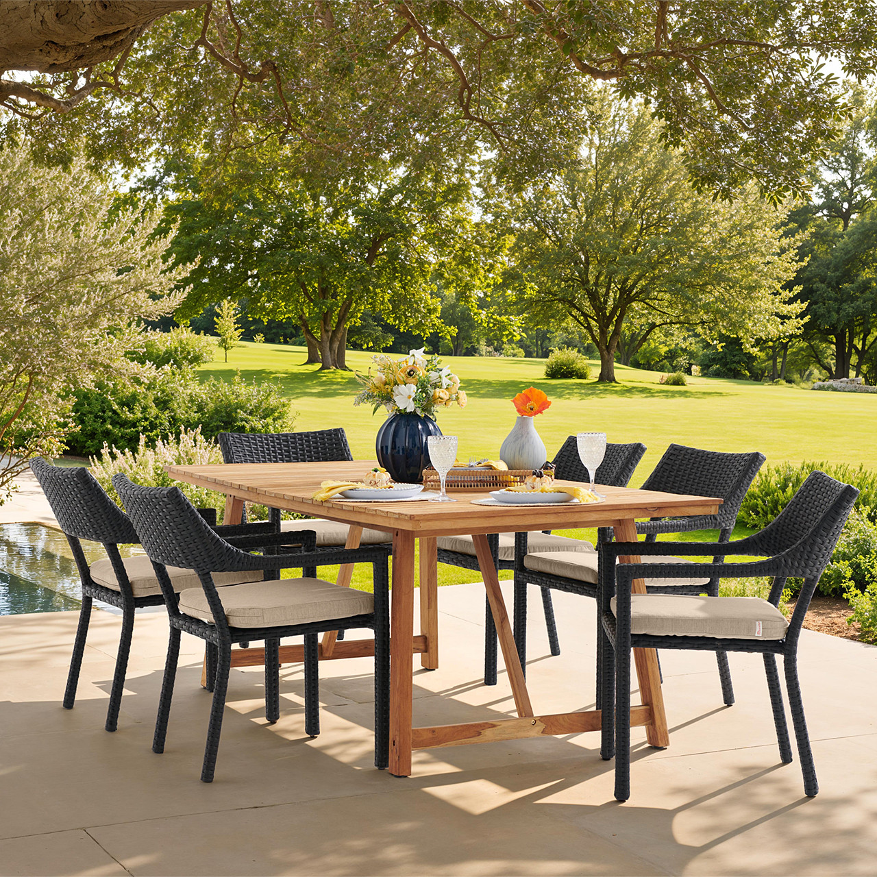 Terrace 7 Piece Outdoor Dining Set with Wicker Chairs and Cushions, 79" x 40" Teak Table