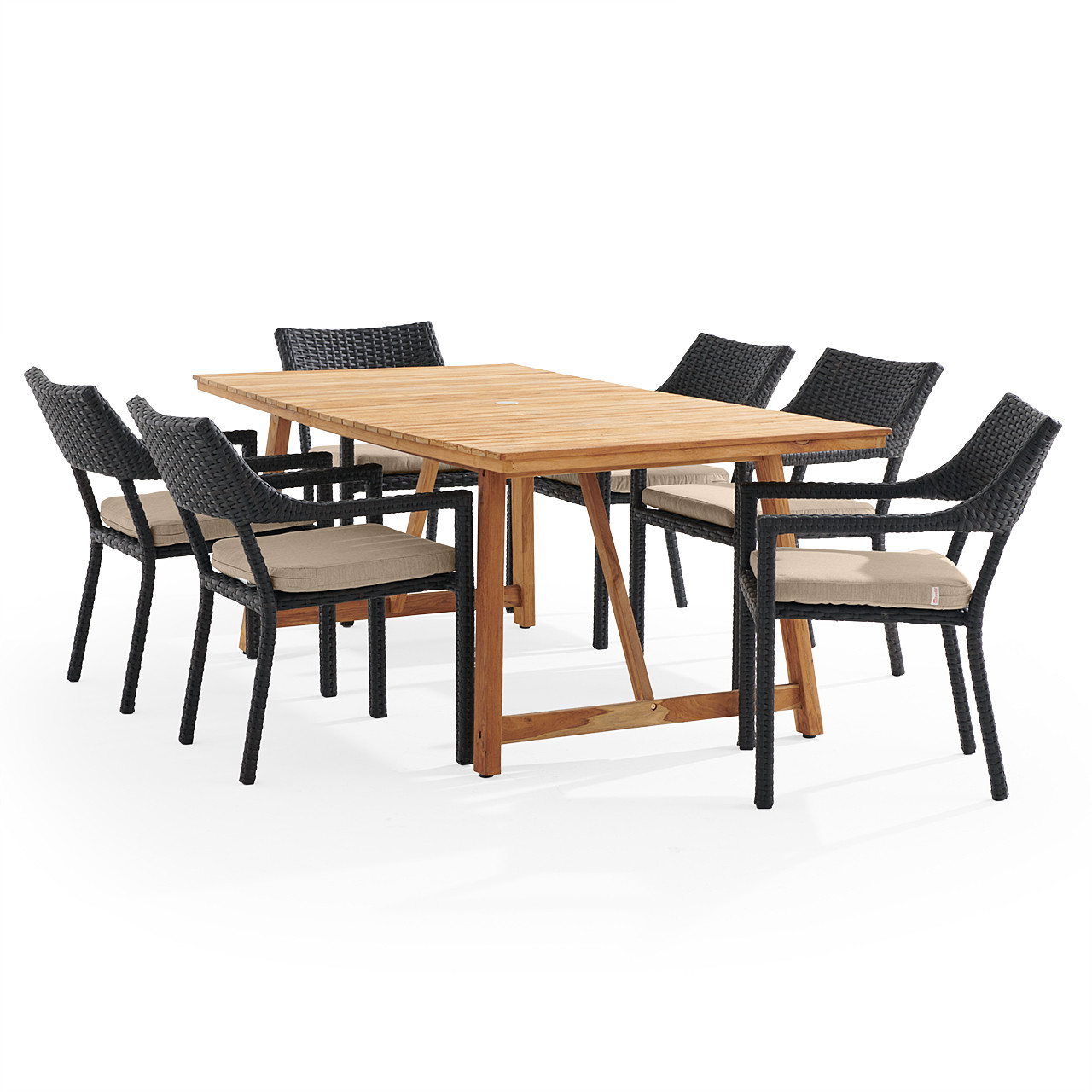 Terrace 7 Piece Outdoor Dining Set with Wicker Chairs and Cushions, 79" x 40" Teak Table