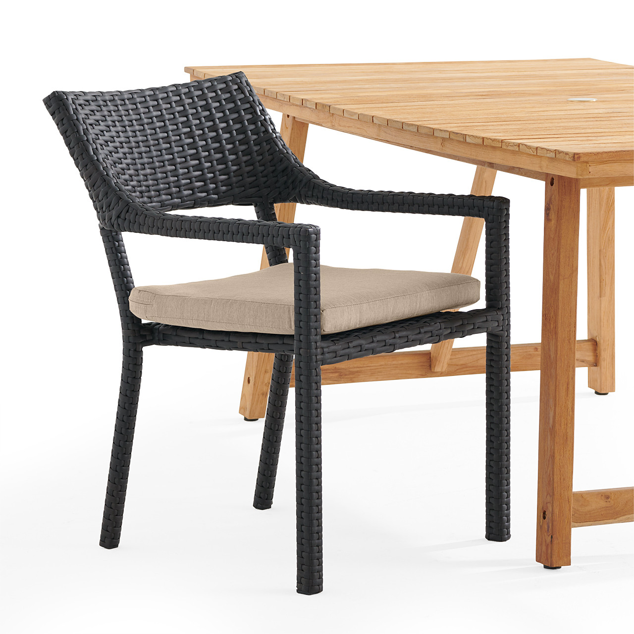 Terrace 7 Piece Outdoor Dining Set with Wicker Chairs and Cushions, 79" x 40" Teak Table