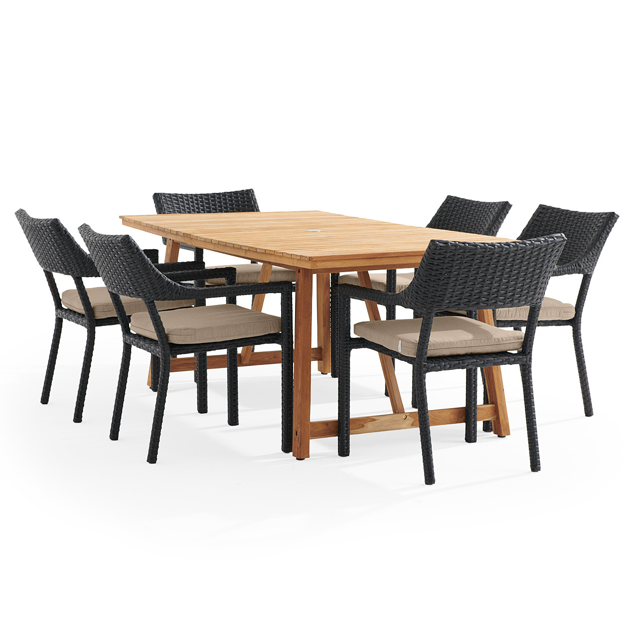 Terrace 7 Piece Outdoor Dining Set with Wicker Chairs and Cushions, 79" x 40" Teak Table