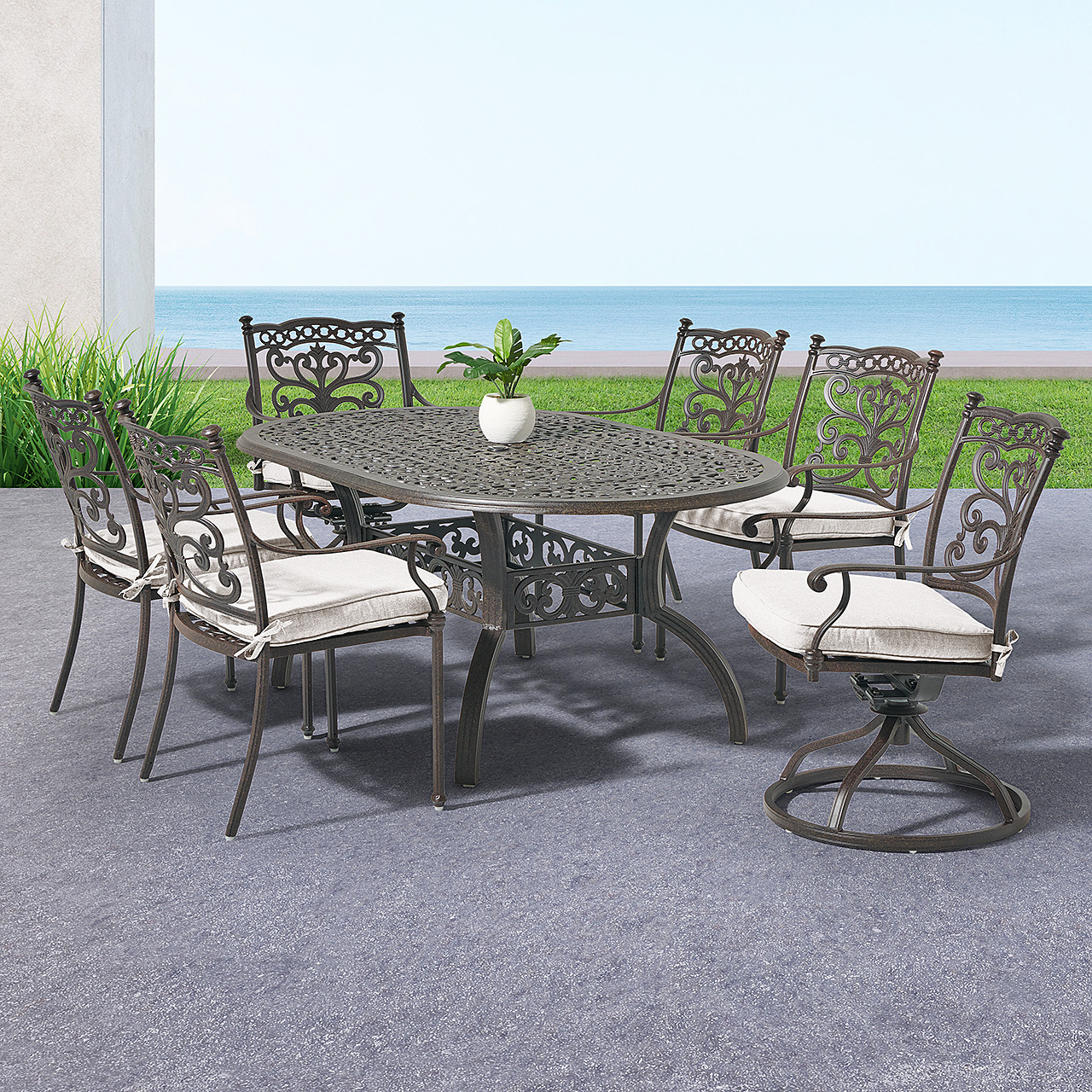 Milan Aged Bronze Cast Aluminum with Cushions 7 Piece Swivel Combo Dining Set + 72 x 42 in. Table