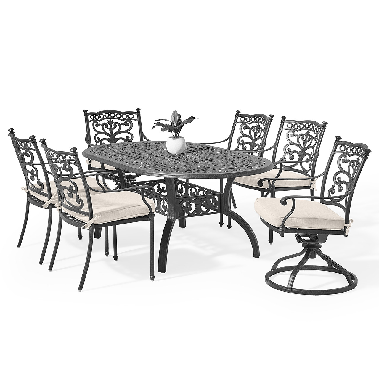 Milan Aged Bronze Cast Aluminum with Cushions 7 Piece Swivel Combo Dining Set + 72 x 42 in. Table