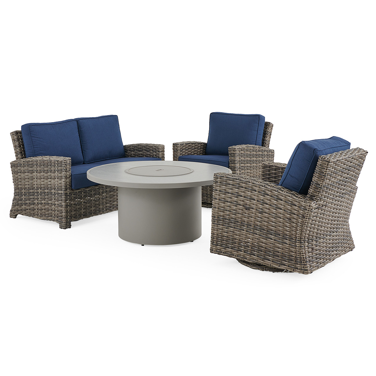 Sonoma Husk Outdoor Wicker with Cushions 4 Piece Swivel Loveseat Group + 48 in. D Sintered Fire Pit Table
